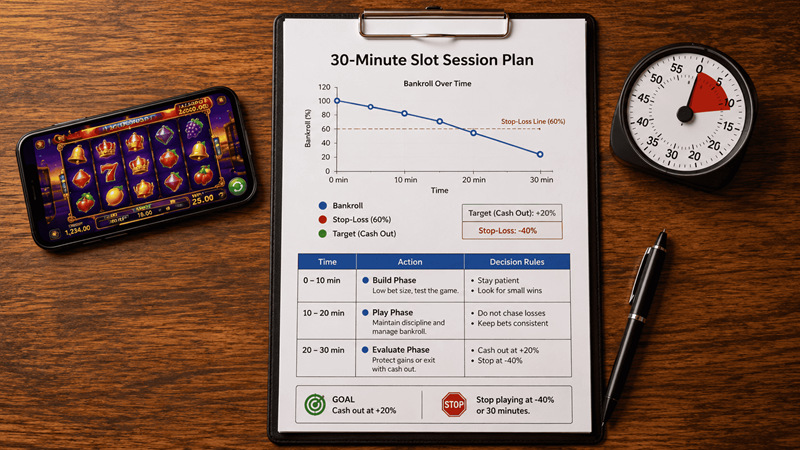 Slot session plan with timer and bankroll