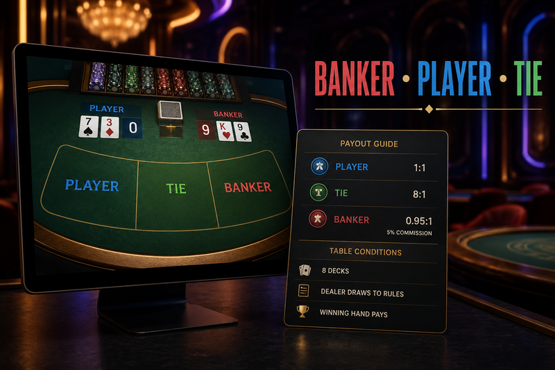 Live baccarat table screen showing Banker Player and Tie rule information