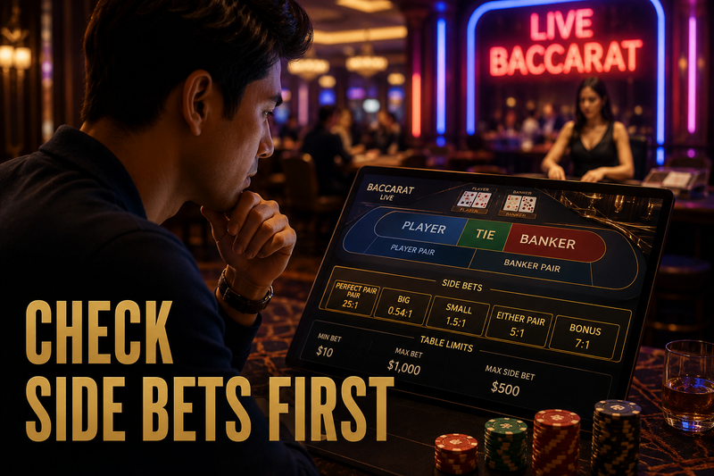 Live casino player comparing baccarat side bets and table limits before betting