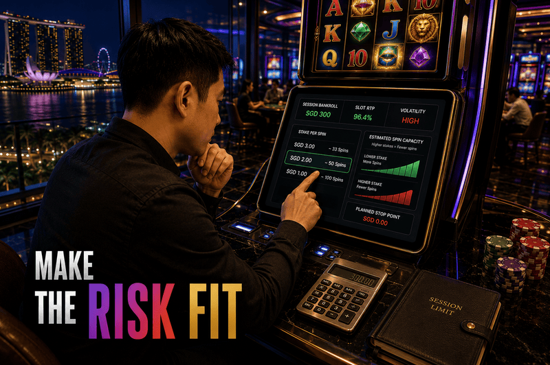 Player matching slot volatility and stake size to an SGD bankroll